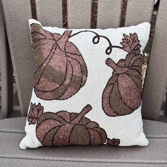 Pumpkin Patch Beaded Gold Pumpkin Throw Pillow Fall Thanksgiving Decor 12" x 12" - Picture 1 of 9